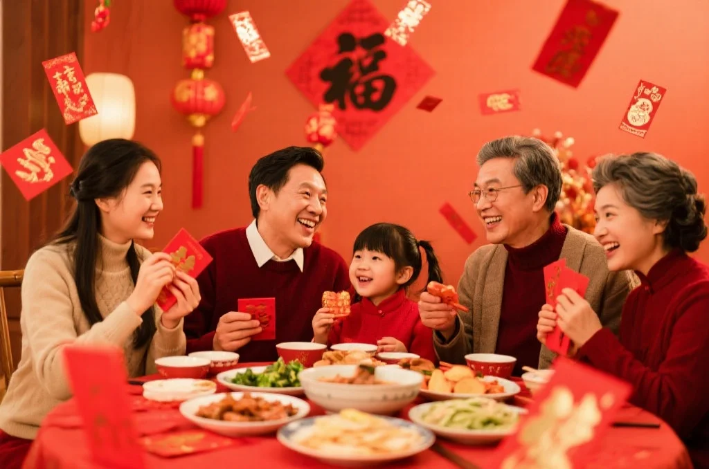 一个温馨快乐的家庭正在庆祝春节,分享欢笑和美食