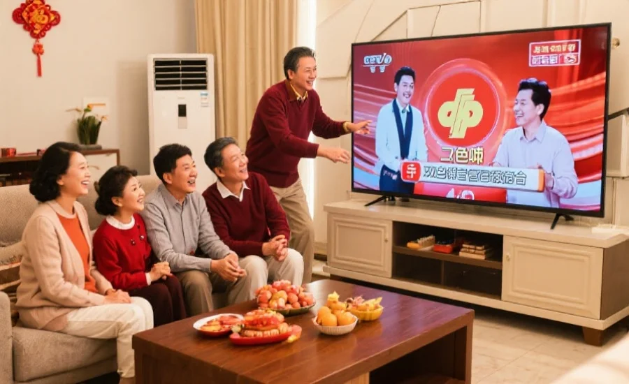 一位家庭成员团聚在客厅，通过大屏幕电视观看双色球官方开奖直播，气氛轻松愉快